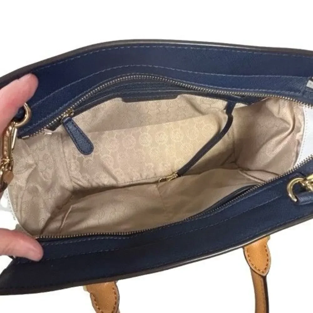 Michael Kors Selma Saffiano Leather Satchel Shoulder Bag Tricolor Navy White Tan